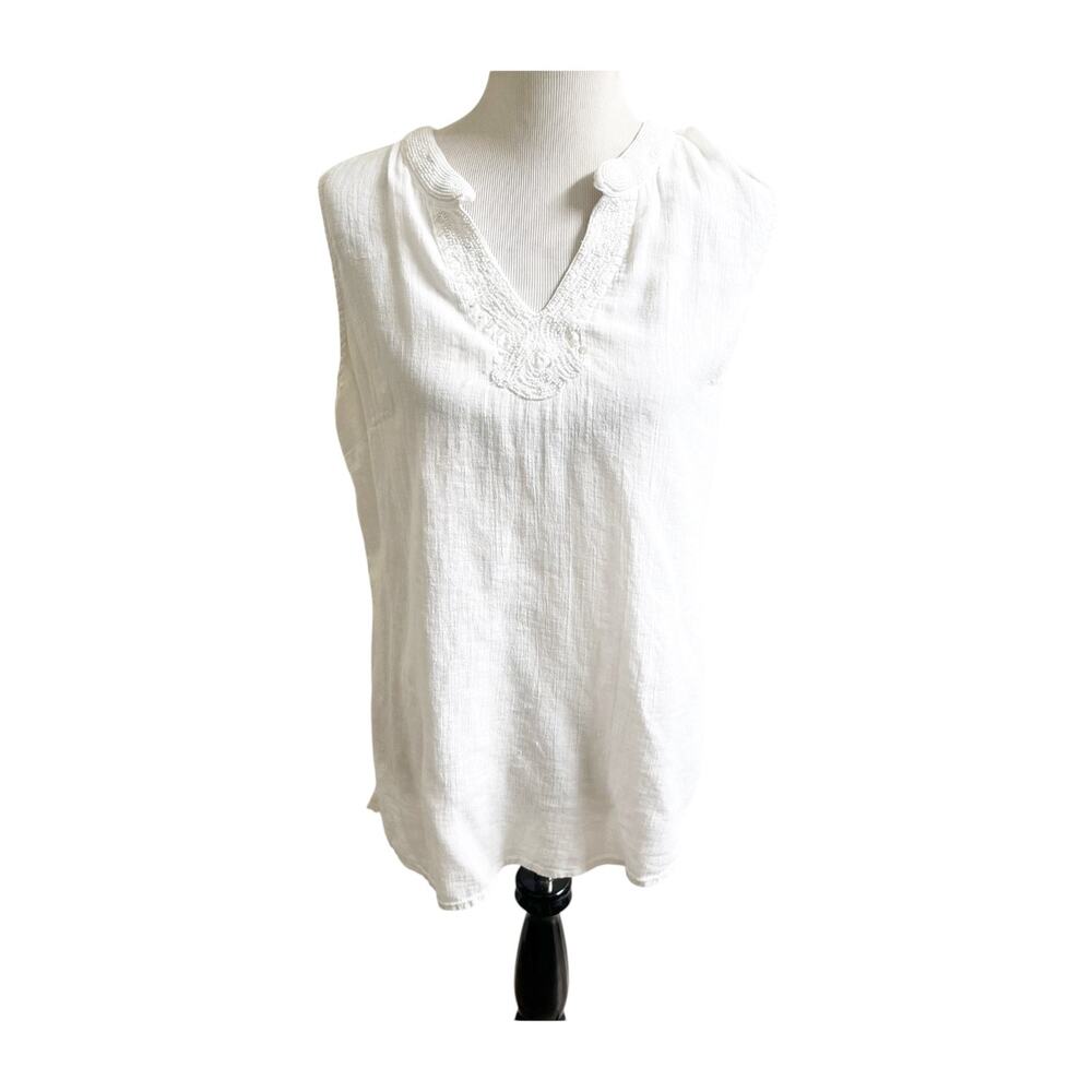 Vtg Classic Elements Tank Top Womens XL White Linen Beaded Sleeveless Boho Chic